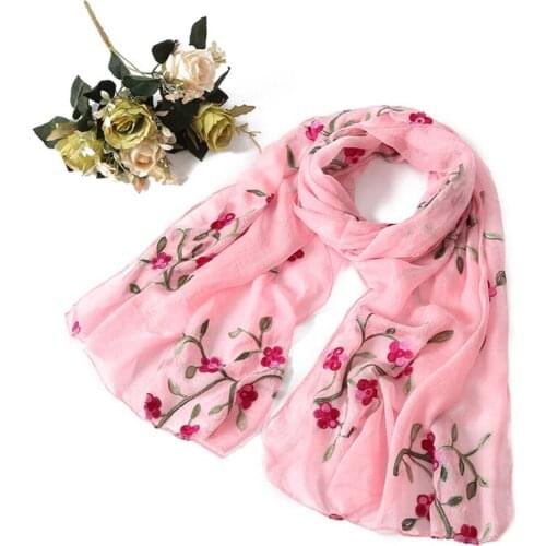 Summer Silk Scarf Hijab Women Embroidery Print Soft Headscarf Shawl Wrap Fashion Ladies Solid Pashmina Beach Stoles Bandana