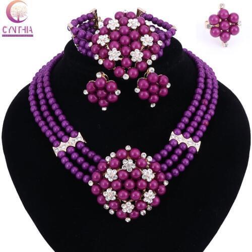 New Year Gift~Beads Choker Classic yellow purple pearl Roses Nigerian African Beads Jewelry Set Wedding Party Queen Jewelry Sets