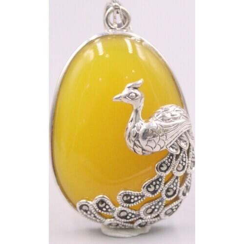 Pure 925 Sterling Silver Pendant 45x28mm Yellow Chalcedony Peacock Pattern Charms For Woman