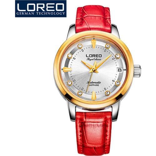 LOREO Sapphire Women Fashion Automatic Mechanical Watch Lady Leather Watchband High Quality Casual Waterproof Wristwatch Gift