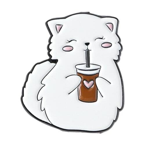 Tea drinking Cat Brooch Cute Japanese cartoon creative metal badge pin decoration
