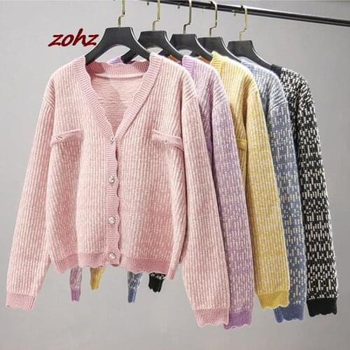 Sweater Cardigan Women Autumn New Plaid Wave V Neck Long Sleeve Single Breasted Knitted Outwear Korean Slim Short Sweater Female