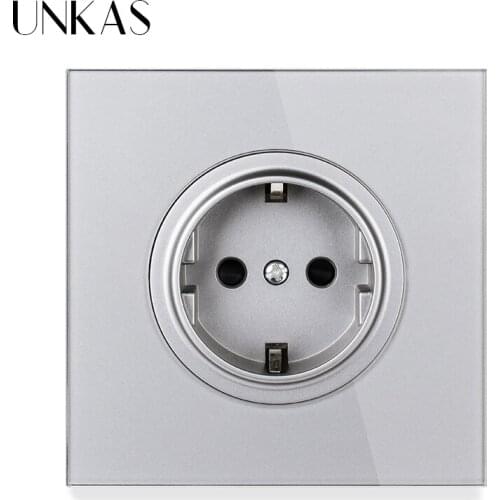 UNKAS 16A EU Standard Wall Power Socket Grey Crystal Glass Panel 86MM*86MM Grounded With Child Protective Lock Gray Outlet