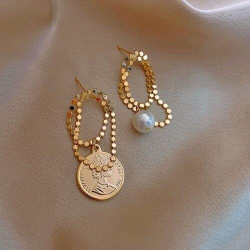 Vintage Geometric Portrait Coin Dangle Earrings Female Unusual Pearl Statement Gold Drop Earrings for Women 2021 Trendy Jewelry