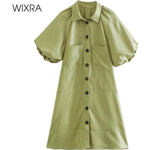 Wixra Womens Solid Dress Turn Down Collar Short Puff Sleeve Holiday Loose High Street Clothing 2021 Spring Summer New