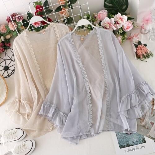 Sun-Proof Lightweight Lace Women Shirts Summer New 2021 Flare Sleeved Loose Sweet Style Elegant Female Outwear Tops