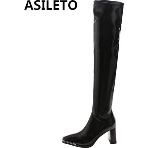ASILETO Shoes women Genuine leather Female Over the knee boots Patent leather Square toe Fashion Sexy Zipper High quality Cool