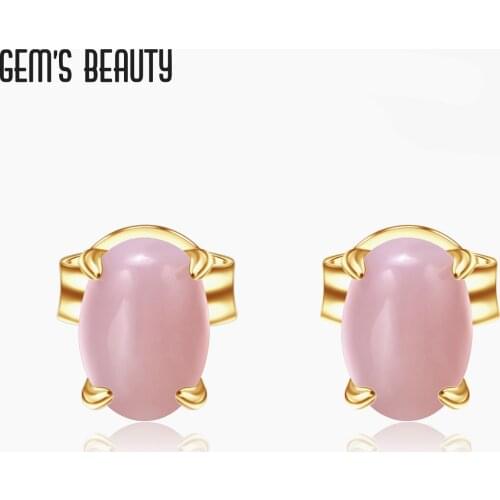 GEMS BEAUTY 18K Gold Filled 925 Sterling Silver Studs Earring Natural Oval Pink Opal Handmade Earring For Women Romantic Gift