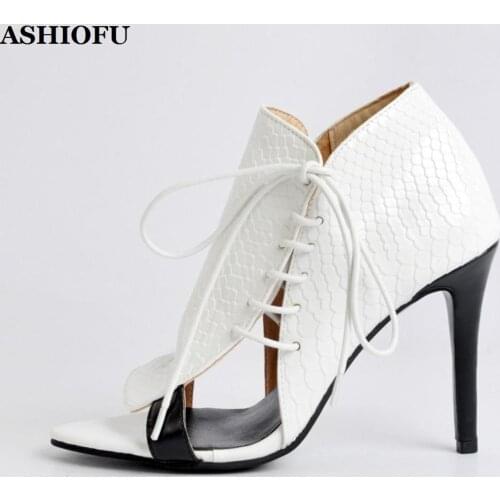 ASHIOFU New Hot Sale Womens High Heel Pumps Fish-skins Party Prom Dress Shoes Lace-up Peep-toe Evening Club Fashion Court Shoes