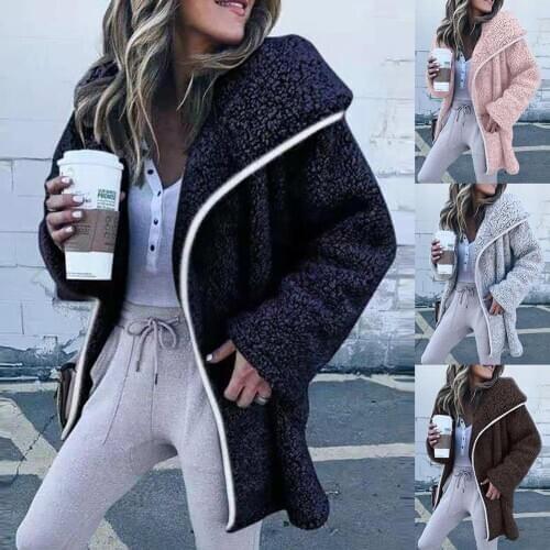 Women Autumn Winter Solid Color Long Sleeve Faux Fleece Plush Loose Warm Cardigan Outwear Jacket Coat