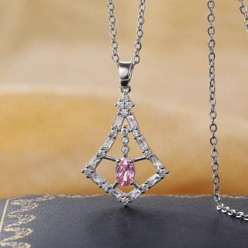 2021 Newest High Quality Fan Pendant Necklace for Women Oval Pink Cubic Zirconia Aesthetic Wedding Necklaces Jewelry Accessories