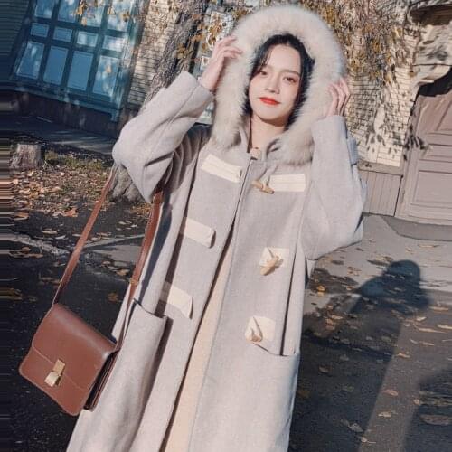 Winter Women Solid Woolen Coats Female Hooded Pockets Thick Warm Outerwears Ladys Horn Button Korean Streetwears Coats
