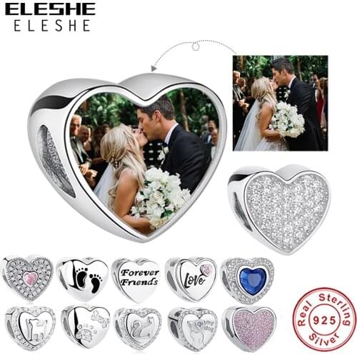 ELESHE 100% Authentic 925 Sterling Silver Bead Charm Fit Original Bracelet Bangle DIY Custom Photo Heart Beads Jewelry Making