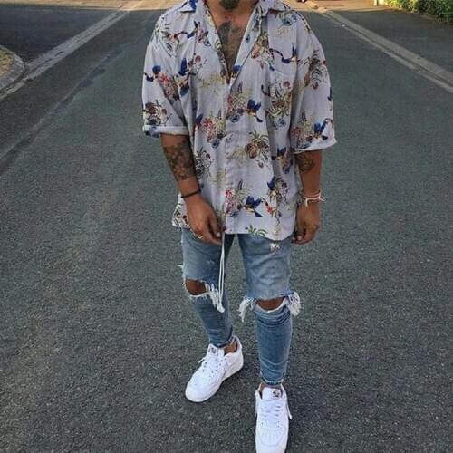 2020 Fashion Mens Printed Shirt Casual Business Middle sleeve Loose Shirt hawaiian shirt harajuku retro plus Size streetwear