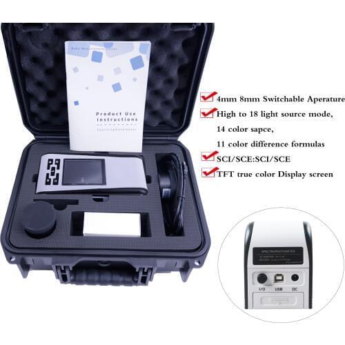 4mm 8mm Switchable Aperature Spectrophotometer Colorimeter SCI/SCE for Powder Liquid Tester with 18 Light Source 14 Color Space