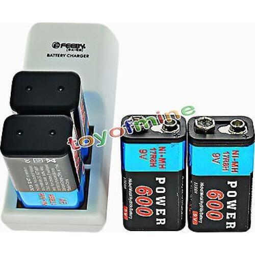 4pcs 600mAh 9V 6F22 Rechargeable NiMH Batteries and 2 Slots 9-Volt Battery Charger