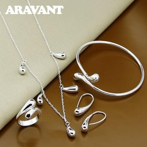 Aravant Wedding Jewelry Set 925 Silver Water Drop Necklace Chain Bracelet Bangle Earrings Rings Sets For Women