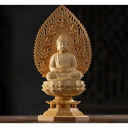 Cypress Wood 28CM Three Buddhas Sculpture Ksitigarbha Sakyamuni Guanyin Wood Buddha Statue Worship Home Decor