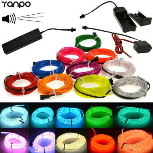 Hot 1M-5M LED Glow EL Wire Light String Strip Rope Car Party+Sound Activated Remote/12/3V Controller 10 Colorful