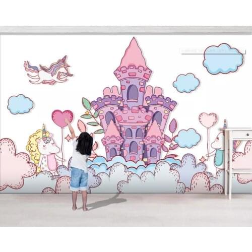 Small fresh castle flying unicorn children room three-dimensional background wall decoration wallpaper murals