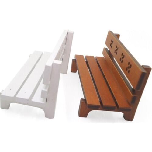 Miniature Wooden Park Bench, Long Chair with Back, for 1:12 Scale Dollhouse Garden Ornament Toy - White