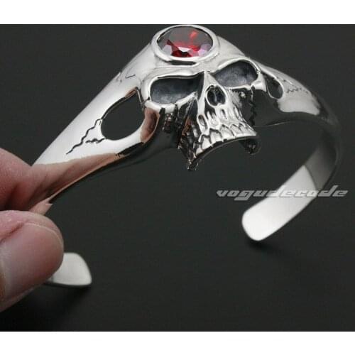 Solid 925 Sterling Silver Red CZ Skull Mens Biker Rokcer Bangle 9A005