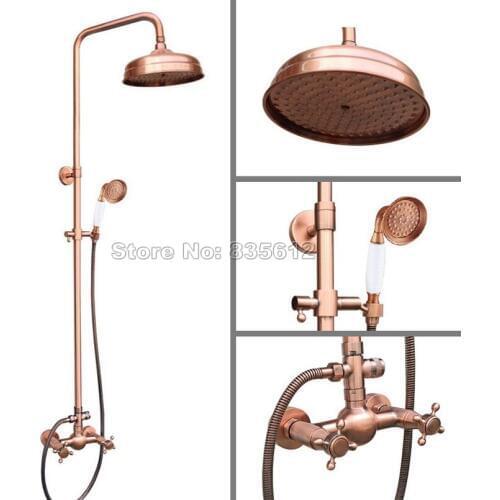 Antique Red Copper Bathroom Wall Mounted 8" Shower Head Rain Shower Faucet Set / Dual Handles Mixer Tap + Handheld Shower Wrg524