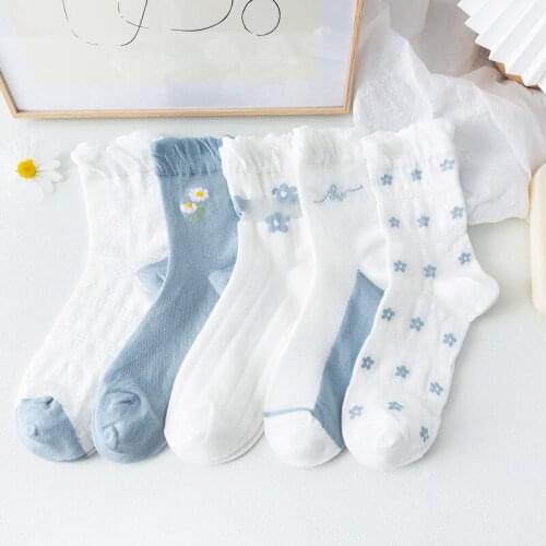 Korea Summer Ruffle Socks Women Flowers Blue White Transparent Lace Jk Trend Cotton Cute Japanese Kawaii Uniform Lolita Socks