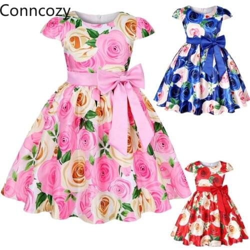 New Girls Flower Print Dress Summer Weddings Princess Dress Casual Bridesmaid Girls Dress Birthday Girls Party Dresses Pink