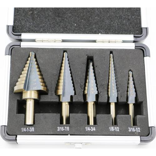 New Arrival High Quality 5pcs/Set HSS COBALT MULTIPLE HOLE 50 Sizes STEP DRILL BIT SET w Aluminum Case