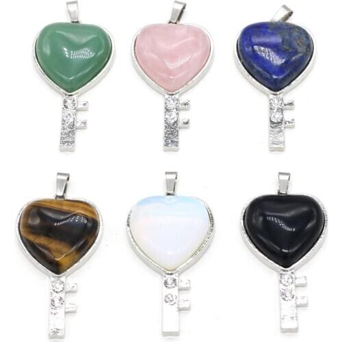 New Heart Shaped Key Shape Pendant Natural Stone Charms Metal Alloy Pendant for DIY Jewelry Necklace Bracelet 25x50mm