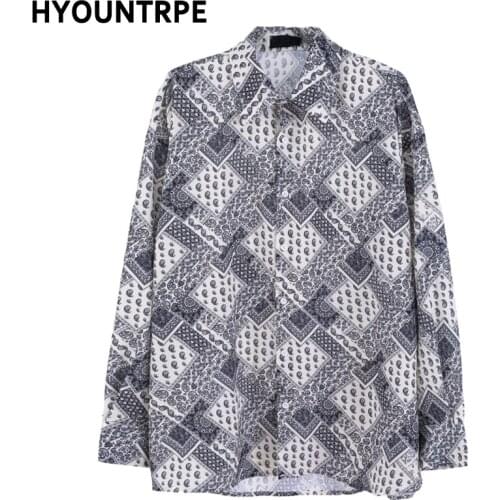 Hip Hop Harajuku Paisley Print Shirt Men Casual Loog Sleeve Hawaiian Shirt Streetwear 2021 Spring Summer Loose Tops Mens Shirts