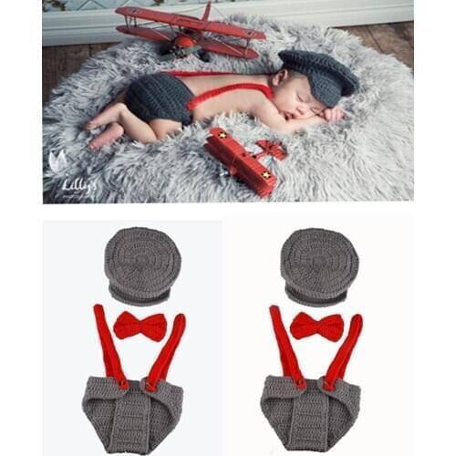 Grey Hat + Short Pilot Aviator Set Design Newborn Baby Handmade Beanies Cartoon Costume Knitted Crochet Photography Props