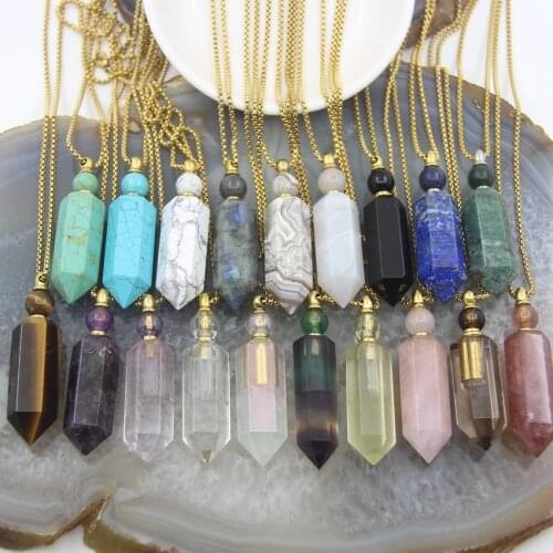 Hexagon prism Spike Beads pointed Perfume Bottle Gold Chain Necklace Pendants,Quartz Crystal Points Essential Oil Diffuser Vial