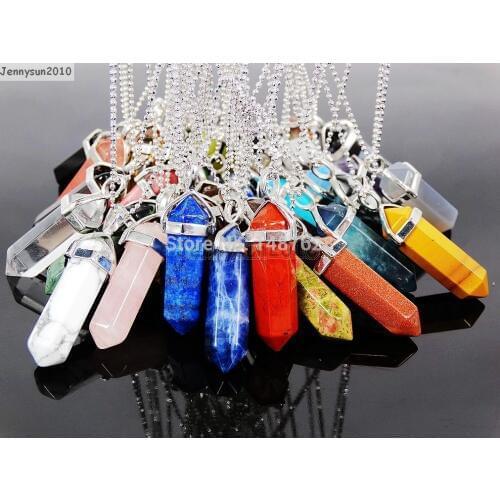 Mixed Natural Gems Stones Hexagonal Pointed Healing Reiki Chakra Pendant Charm18K Silver Plated Chain Necklace 17'' 5 Sets/Pack