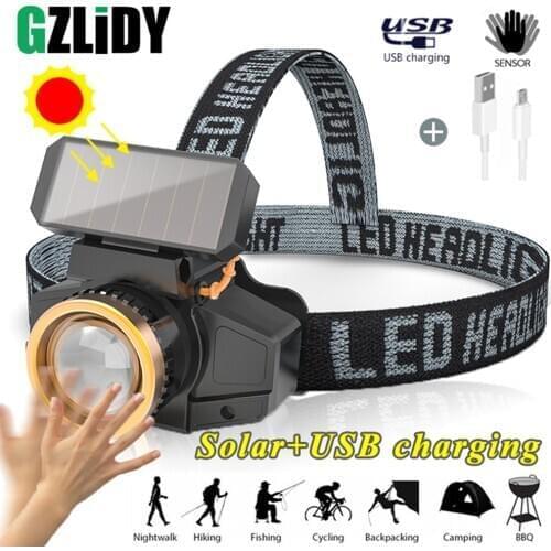 Solar Headlamp USB Rechargeable LED Headlight Waterproof Zoom Fishing Lantern Sensor Switch 3 Mode Portable Night Running Light