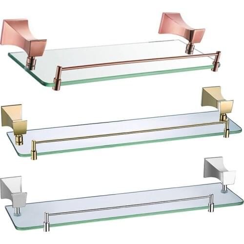 Bathroom Glass Shelf Shower Organizer Tempered Glass Storage Cosmetic Shelf Wall Mounted Golden Rose Gold Polished Finish