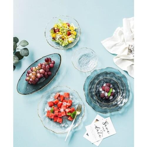Golden edge hammer glass bowl and plate household Japanese tableware transparent dessert plate salad bowl fruit plate