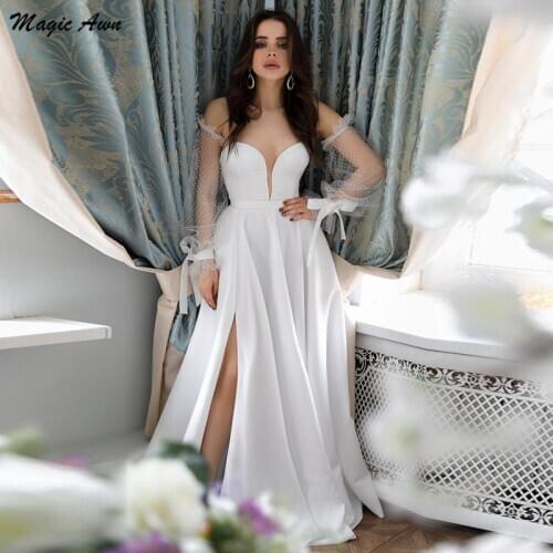 Magic Awn Modest Satin Wedding Dresses With Detachable Bow Sleeves Beach A-Line Bridal Gowns Side Split Princess Robe De Mariage