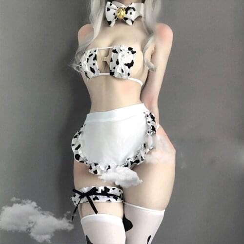 Japan Anime Maid Lingerie Square Cup Mini Bra G-string Apron Headband Stockings Bikini Womens Erotic Milk Cow Cosplay Costume L8