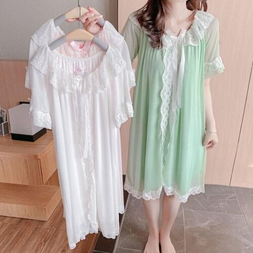 Sweet Doll Collar Loose Night Dress Women Net Yarn Lace Sleepwear Nightgowns Female Short Sleeve Summer Nightshirt With Bow