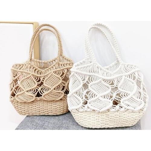 Women Summer Woven Cotton Rope Beach Tote Bag Top Handle Crochet Hollow Out Shoulder Handbag Bohemian Travel Fishing Net Purse