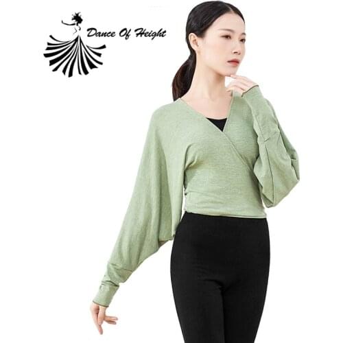 2021 New Modern Dance Practice Clothes For Women V Neck Batwing Long Sleeve Top Blouse With Lacing Back CVC Warm Up Dance Shirt