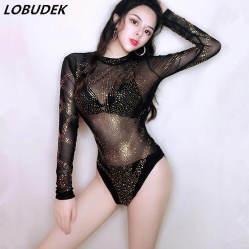Nightclub Women Singer Modern Dancer Costume Bar DJ Singer Pole Dance Performance Stage Outfit Crystal See-through Mesh Bodysuit