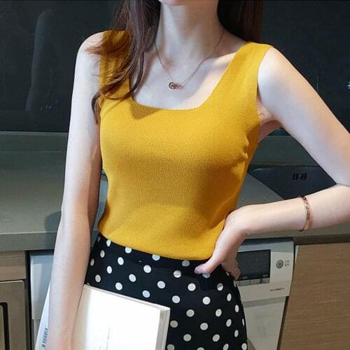 Womens Knitted Camis Tank Tops 2021 Sexy Deep Square Neck Slim Korean Style Cropped Tops WDC6540
