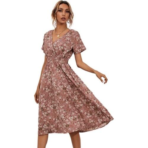Yellow Vintage Floral Print Women Summer Dress 2021 Casual V-neck Short Sleeve A-line Chiffon Beach Midi Dresses Vestidos