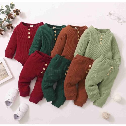 2Pcs Toddler Girls Boys Outfits Soft Cotton Henley Neck Long Sleeve Romper+Buttons Casual Pants Clothes Set for Newborn Infant
