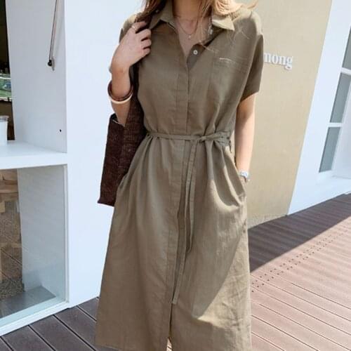 3 Colors Women Linen Long Breathable Shirt Dress Black Apricot Summer 2020 Runway Korean Dresses Casual Office Pocket Dress New