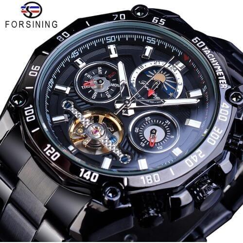 Forsining Full Black Tourbillon Mechanical Watches Male Moonphase Date Stainless Steel Band Automatic Wristwatch Erkek Kol Saati