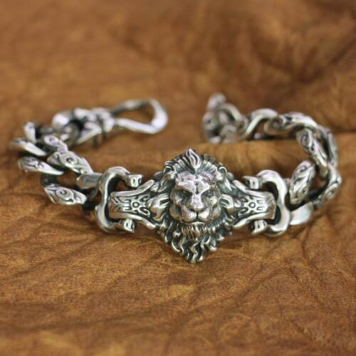LINSION Details 925 Sterling Silver Lion Chain Mens Biker Rock Punk Bracelet TA146